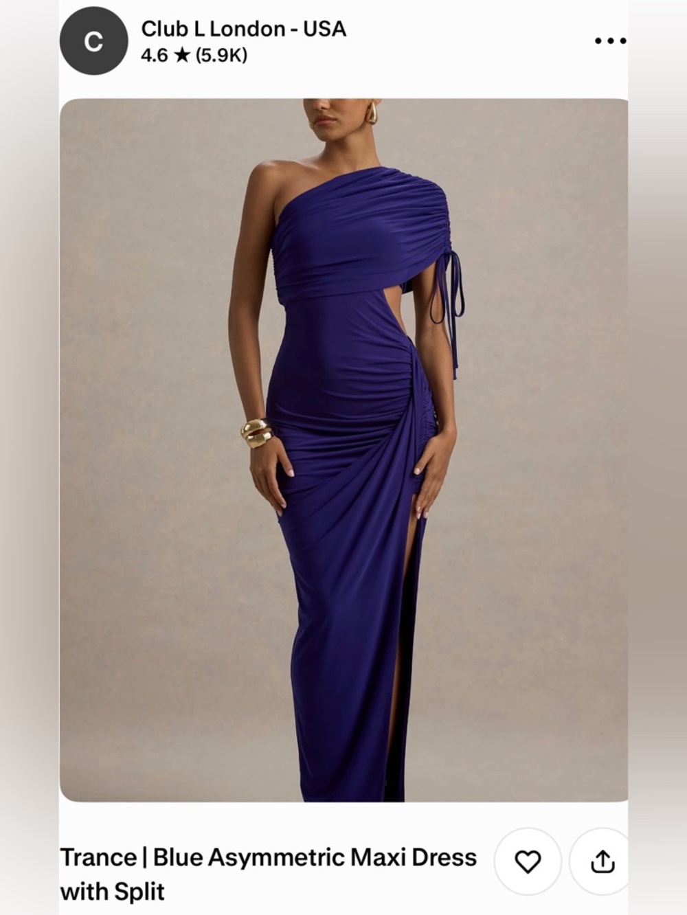 Club L London Blue One-Shoulder Asymmetric Maxi Dress with Split